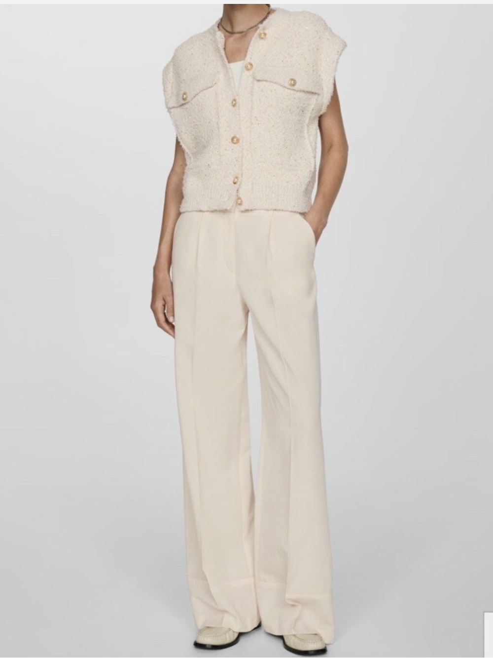 Mango MNG sequin knitted tweed vest jacket with ivory pearl buttons